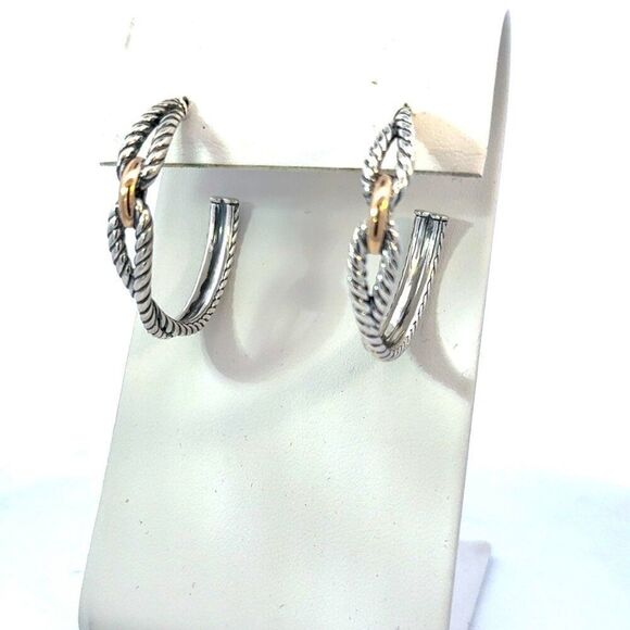 David Yurman Large Hoop Earrings 18 KT Gold + Silver Estate DY562 - Picture 3 of 9